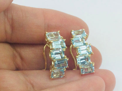 14k Yellow Gold Emerald Cut Blue Topaz Clip-On Earrings