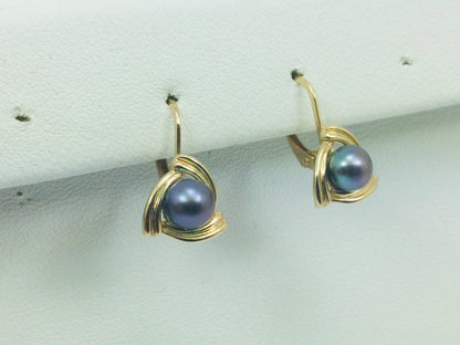 10k Yellow Gold Black Tahitian Pearl Earrings