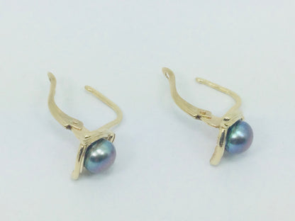 10k Yellow Gold Black Tahitian Pearl Earrings
