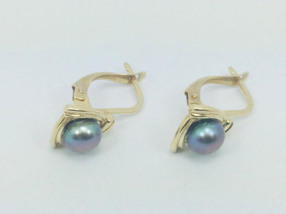 10k Yellow Gold Black Tahitian Pearl Earrings