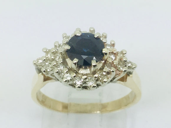 14k Yellow Gold Round Cut 65pt Sapphire & 20pt Diamond Cluster Ring