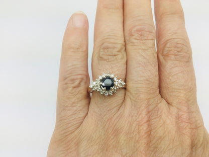 14k Yellow Gold Round Cut 65pt Sapphire & 20pt Diamond Cluster Ring