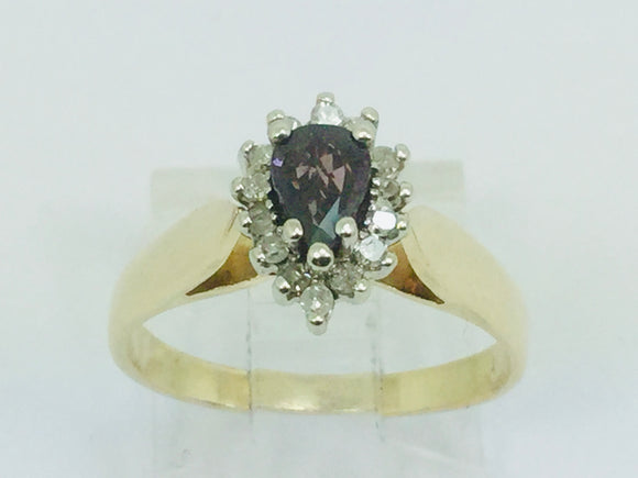 14k Yellow Gold Emerald Cut 50pt Purple-Red Topaz & 14pt Diamond Halo Ring