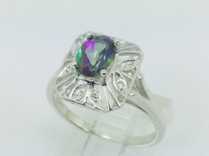 10k White Gold Oval Cut 0.75ct Rainbow Topaz & Diamond Accent Ring