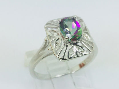 10k White Gold Oval Cut 0.75ct Rainbow Topaz & Diamond Accent Ring