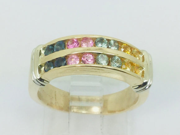 14k Yellow Gold Multi Color Blue Pink Yellow Aqua Topaz Ring