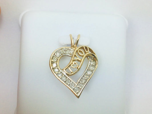 10k Yellow Gold Round Cut 17pt Diamond Heart "I Love You" Pendent