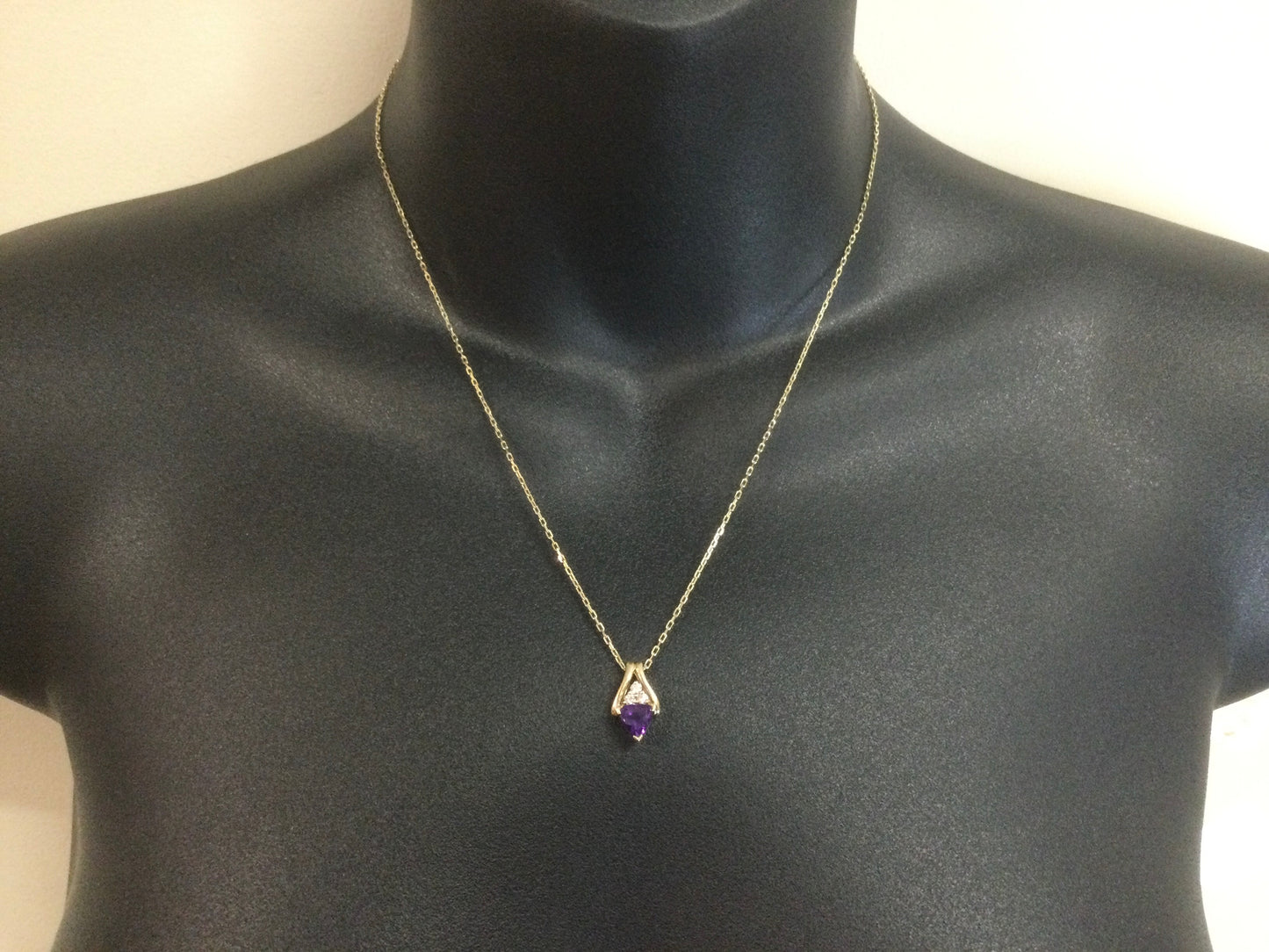 14k Yellow Gold Triangular Cut Amethyst & 10pt Diamond Pendent