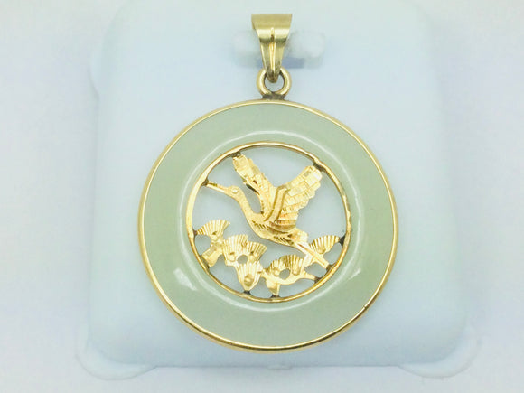 14k Yellow Gold Circular Jade Eagle Bird Pendent