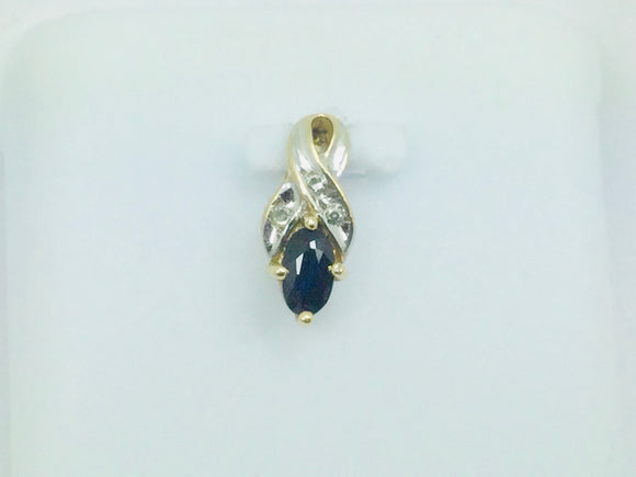 10k Yellow Gold Oval Cut 25pt Sapphire & 3pt Diamond Ribbon Pendent