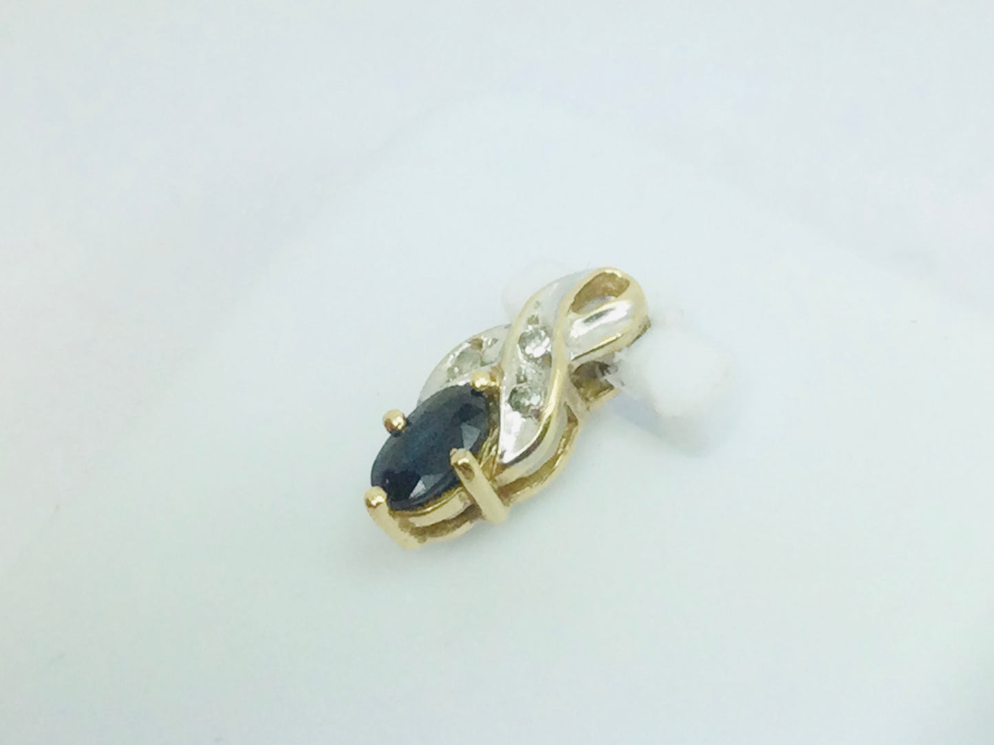 10k Yellow Gold Oval Cut 25pt Sapphire & 3pt Diamond Ribbon Pendent