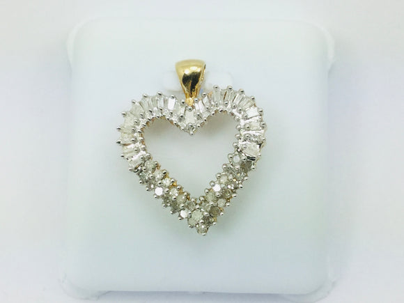 10k Yellow Gold Baguette and Round Cut 70pt Diamond Heart Pendent