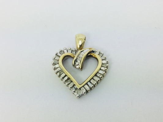 10k Yellow Gold Baguette and Round Cut 21pt Diamond Heart Pendent