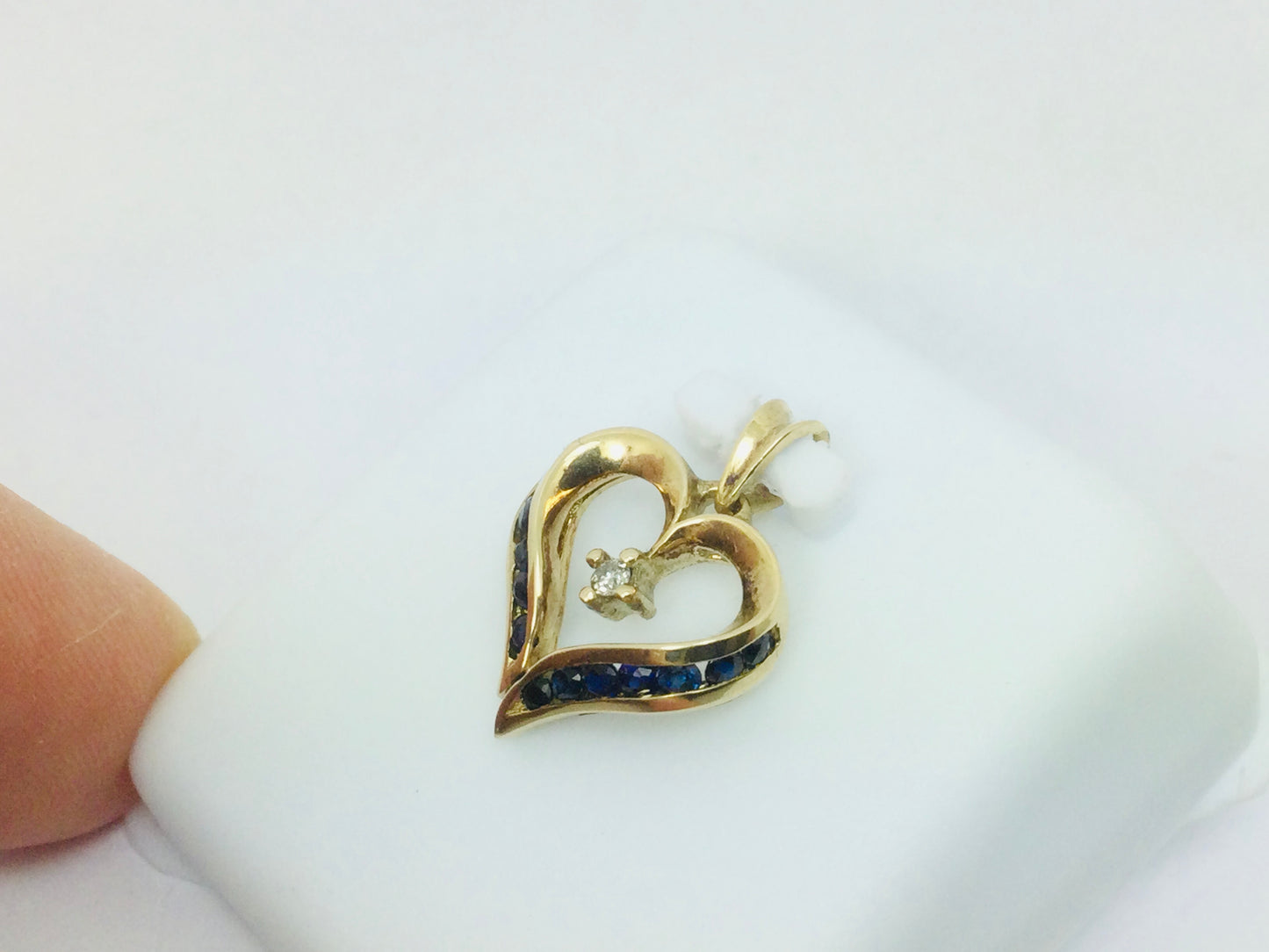 10k Yellow Gold Round Cut 12pt Sapphire & 2pt Diamond Heart Pendent