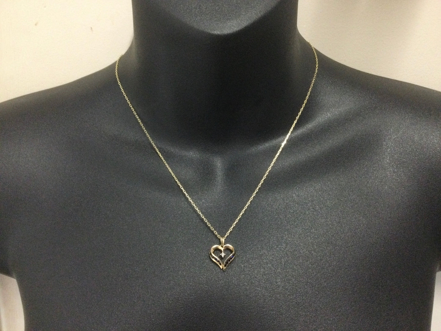 10k Yellow Gold Round Cut 12pt Sapphire & 2pt Diamond Heart Pendent