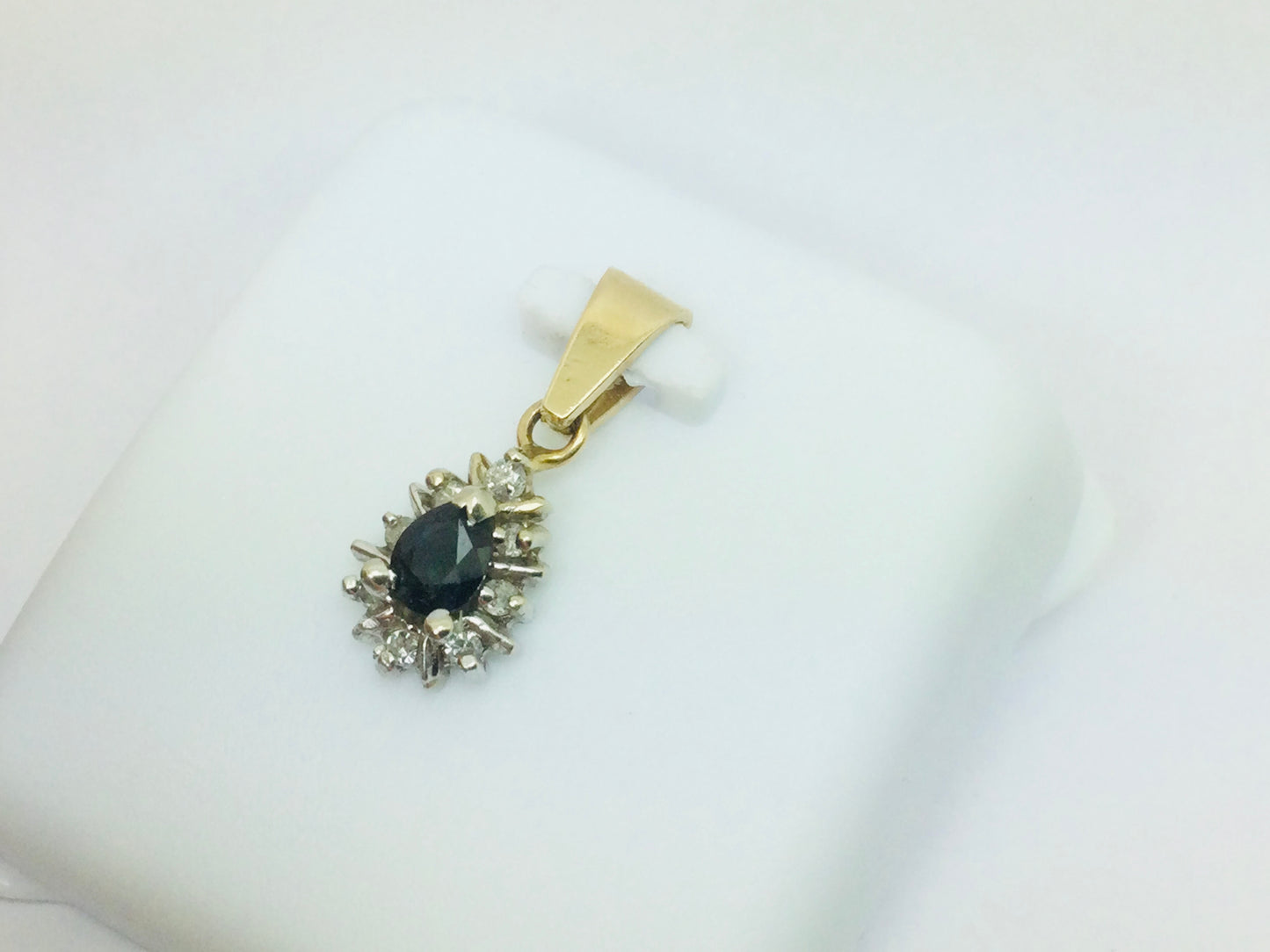 14k Yellow Gold Pear Cut 30pt Sapphire & 12pt Diamond Pendent