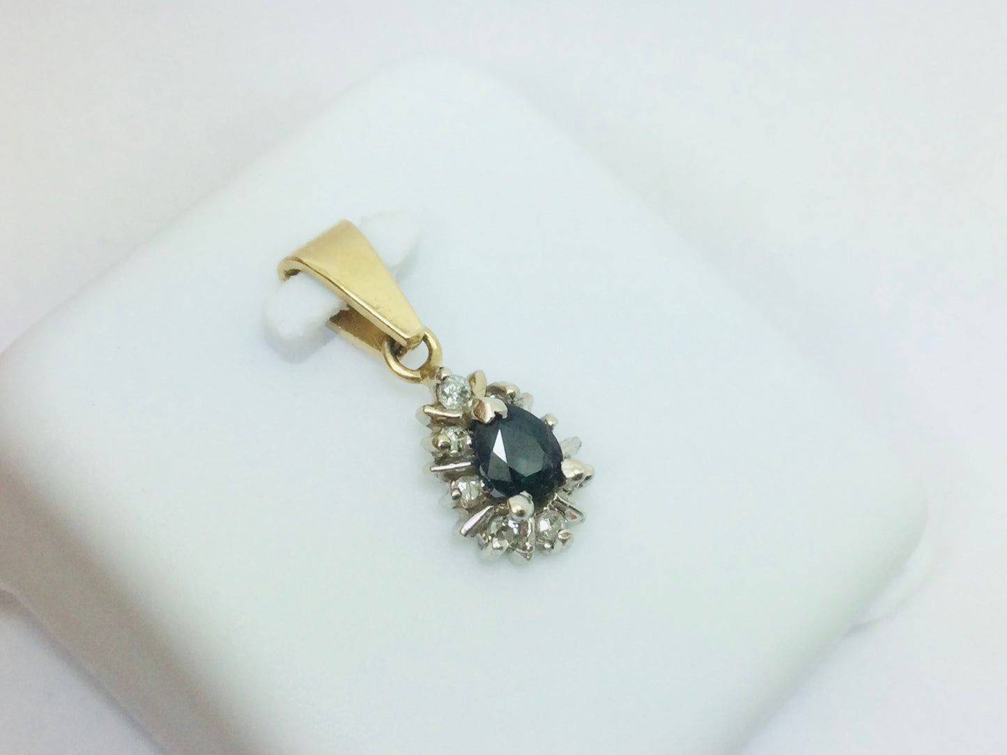 14k Yellow Gold Pear Cut 30pt Sapphire & 12pt Diamond Pendent