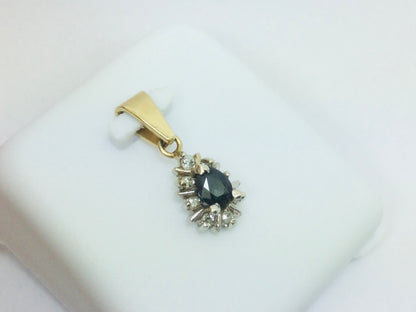 14k Yellow Gold Pear Cut 30pt Sapphire & 12pt Diamond Pendent