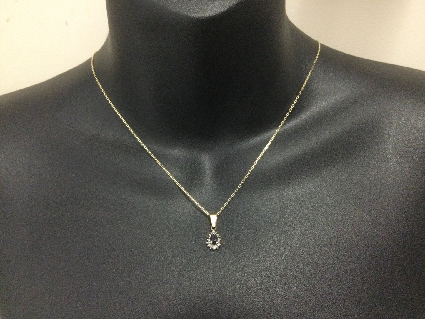 14k Yellow Gold Pear Cut 30pt Sapphire & 12pt Diamond Pendent