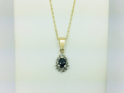 14k Yellow Gold Pear Cut 30pt Sapphire & 12pt Diamond Pendent