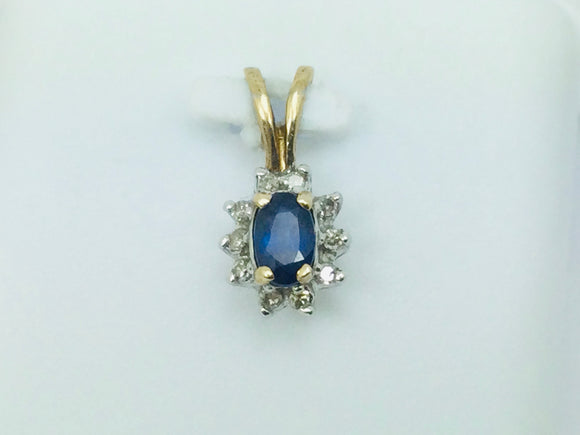 10k Yellow Gold Oval Cut 25pt Sapphire & 10pt Diamond Halo Pendent