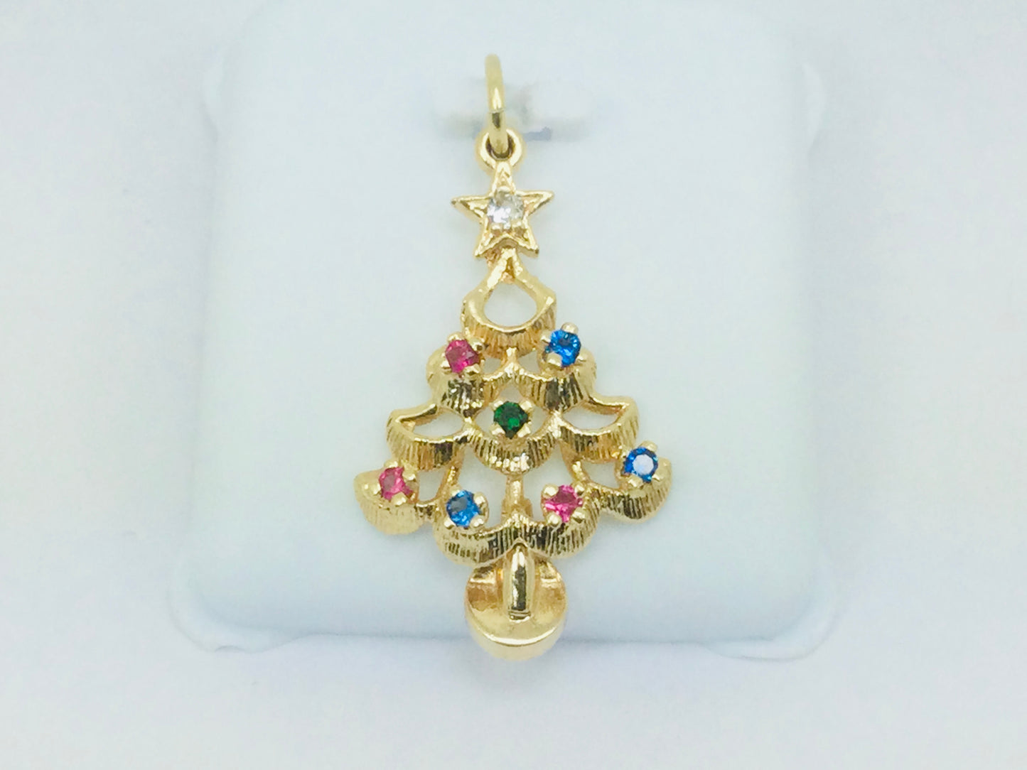 14k Yellow Gold Round Cut Ruby, Sapphire, Emerald & CZ Christmas Tree Pendent