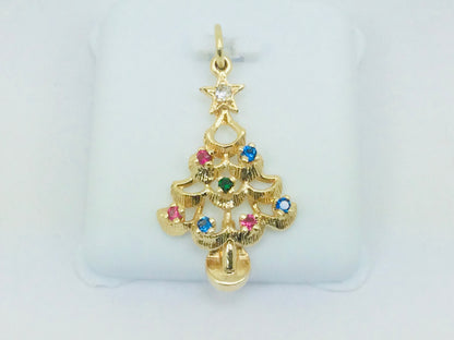 14k Yellow Gold Round Cut Ruby, Sapphire, Emerald & CZ Christmas Tree Pendent