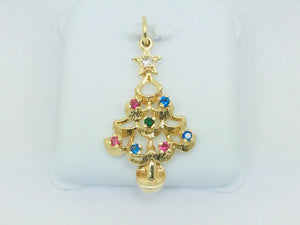 14k Yellow Gold Round Cut Ruby, Sapphire, Emerald & CZ Christmas Tree Pendent