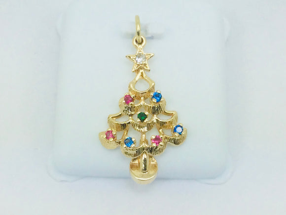 14k Yellow Gold Round Cut Ruby, Sapphire, Emerald & CZ Christmas Tree Pendent