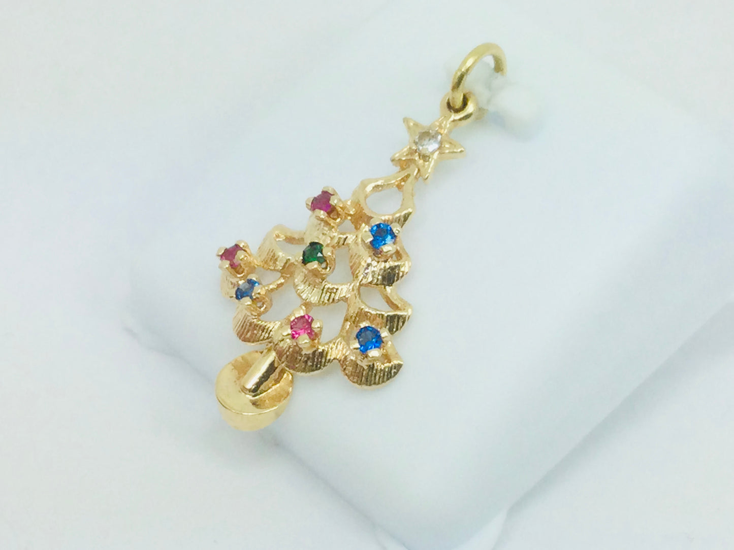 14k Yellow Gold Round Cut Ruby, Sapphire, Emerald & CZ Christmas Tree Pendent