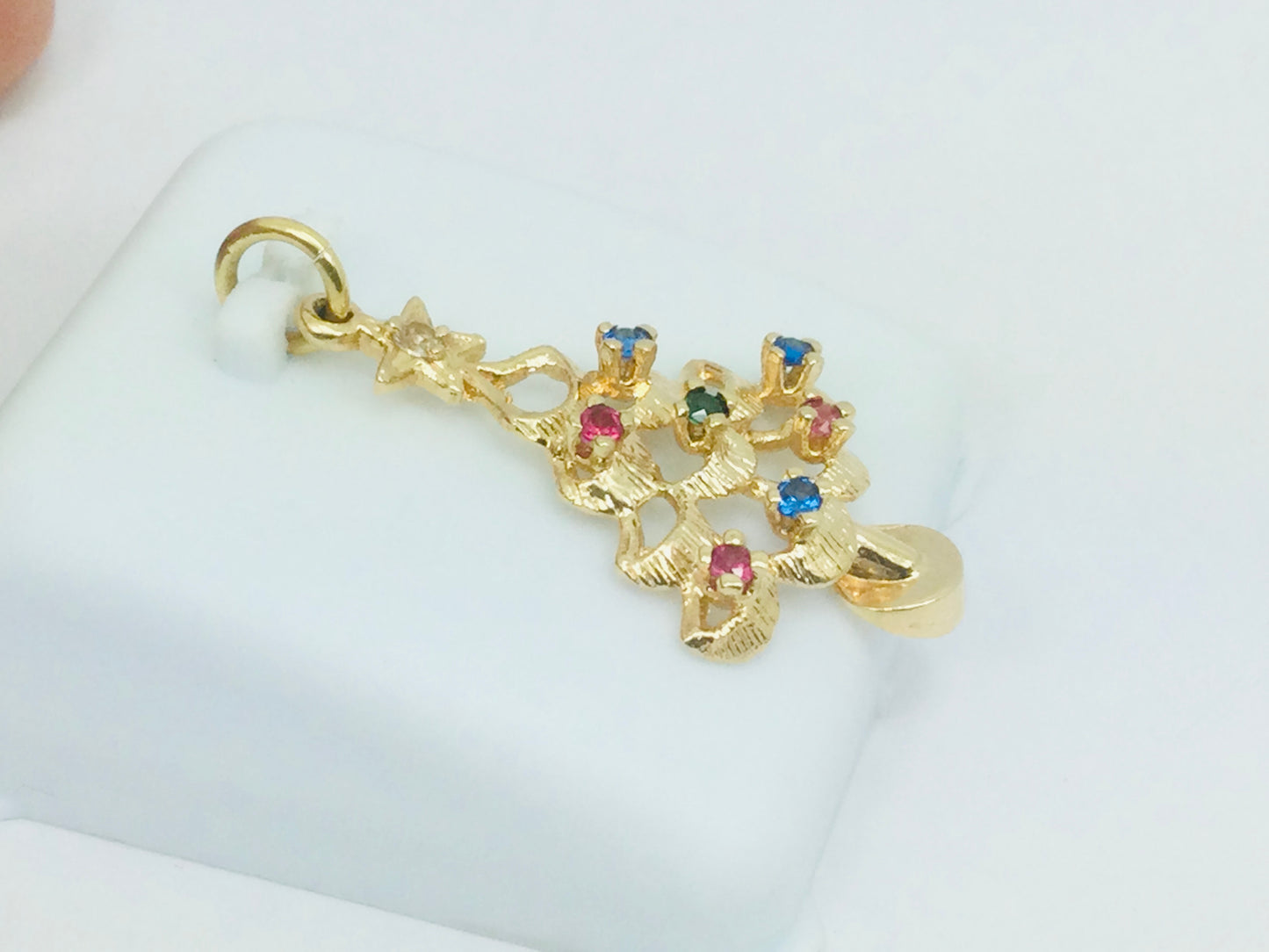 14k Yellow Gold Round Cut Ruby, Sapphire, Emerald & CZ Christmas Tree Pendent