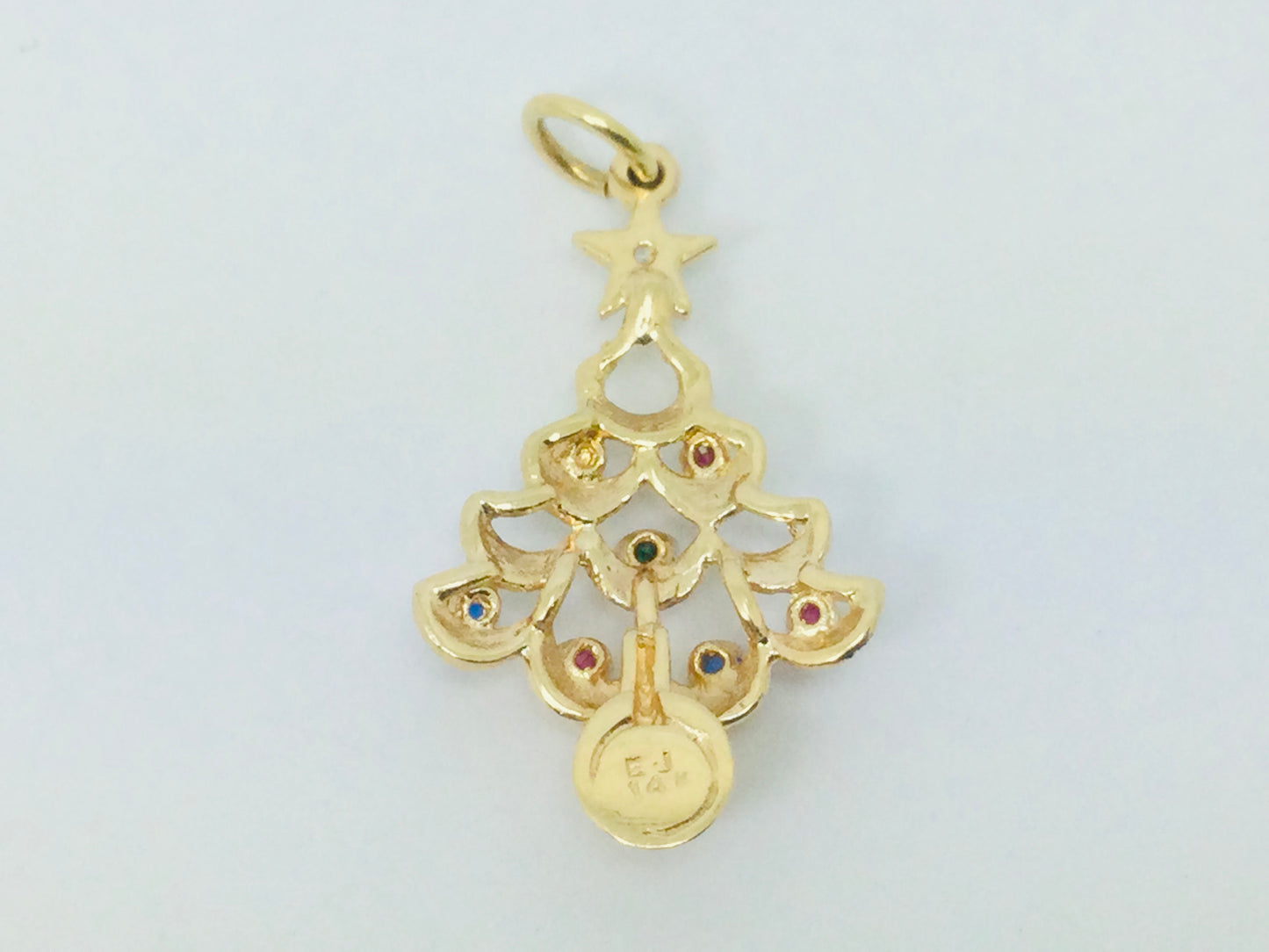 14k Yellow Gold Round Cut Ruby, Sapphire, Emerald & CZ Christmas Tree Pendent