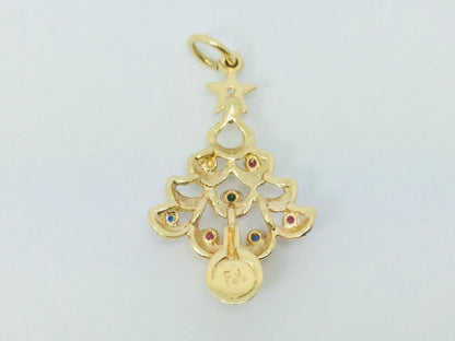 14k Yellow Gold Round Cut Ruby, Sapphire, Emerald & CZ Christmas Tree Pendent
