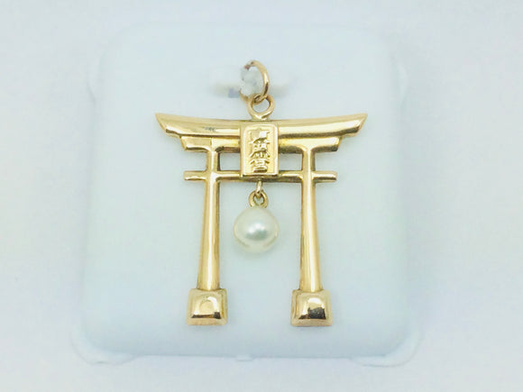 14k Yellow Gold Pearl Temple Pendent