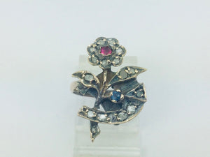 10k Yellow Gold Round Cut 22pt Diamond, 5pt Ruby, and 5pt Blue Topaz Flower Ring