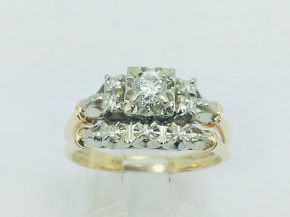 14k White and Yellow Gold 32.5pt Round Cut Diamond Vintage Engagement Ring & Wedding Band