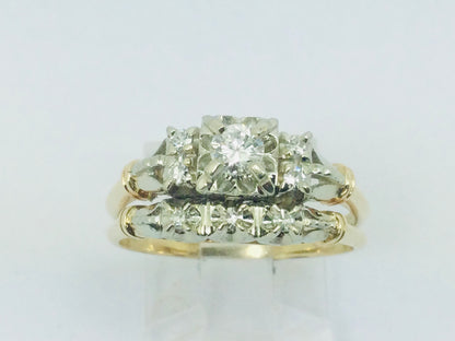 14k White and Yellow Gold 32.5pt Round Cut Diamond Vintage Engagement Ring & Wedding Band