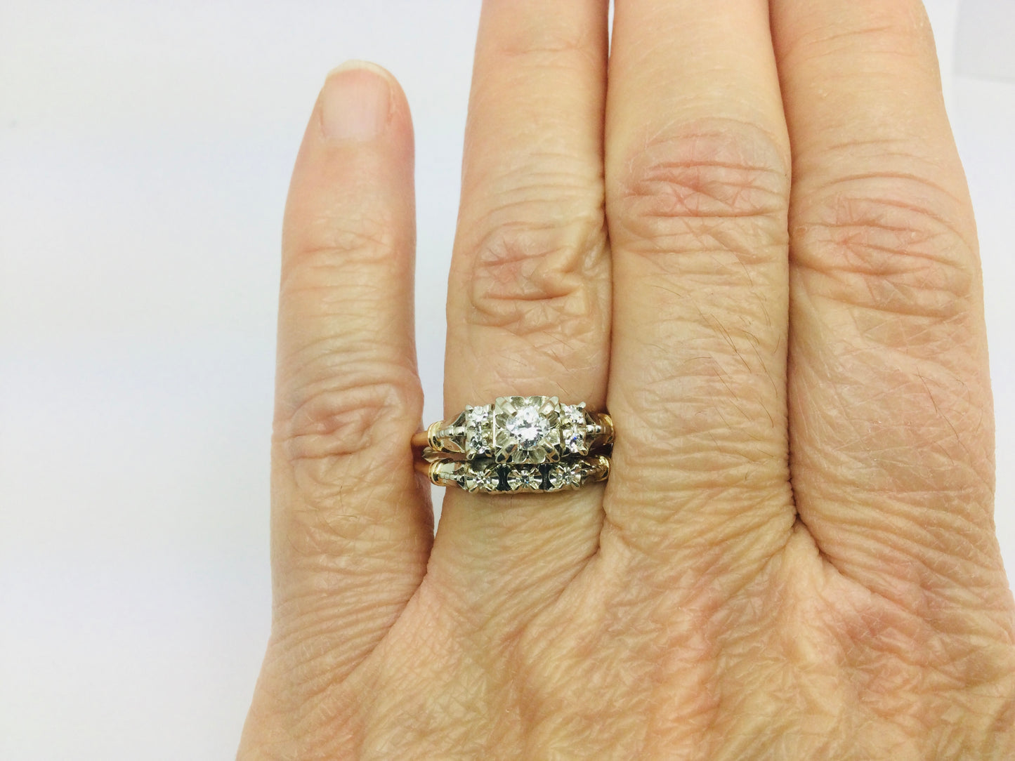 14k White and Yellow Gold 32.5pt Round Cut Diamond Vintage Engagement Ring & Wedding Band