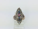 10k Yellow Gold Round Cut 11pt Ruby, 22pt Sapphire and 36pt Diamond Vintage Ring