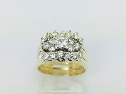 14k Yellow Gold Round Cut 1.11ct Diamond Cluster Engagement and Wedding Ring Set