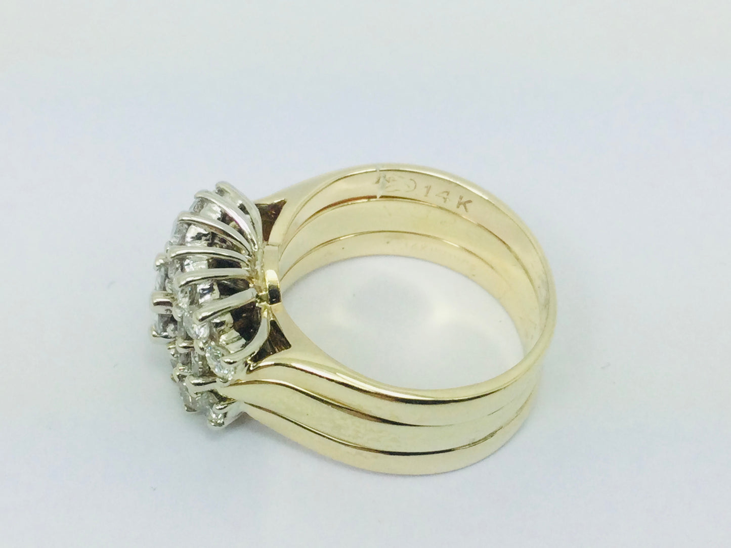 14k Yellow Gold Round Cut 1.11ct Diamond Cluster Engagement and Wedding Ring Set