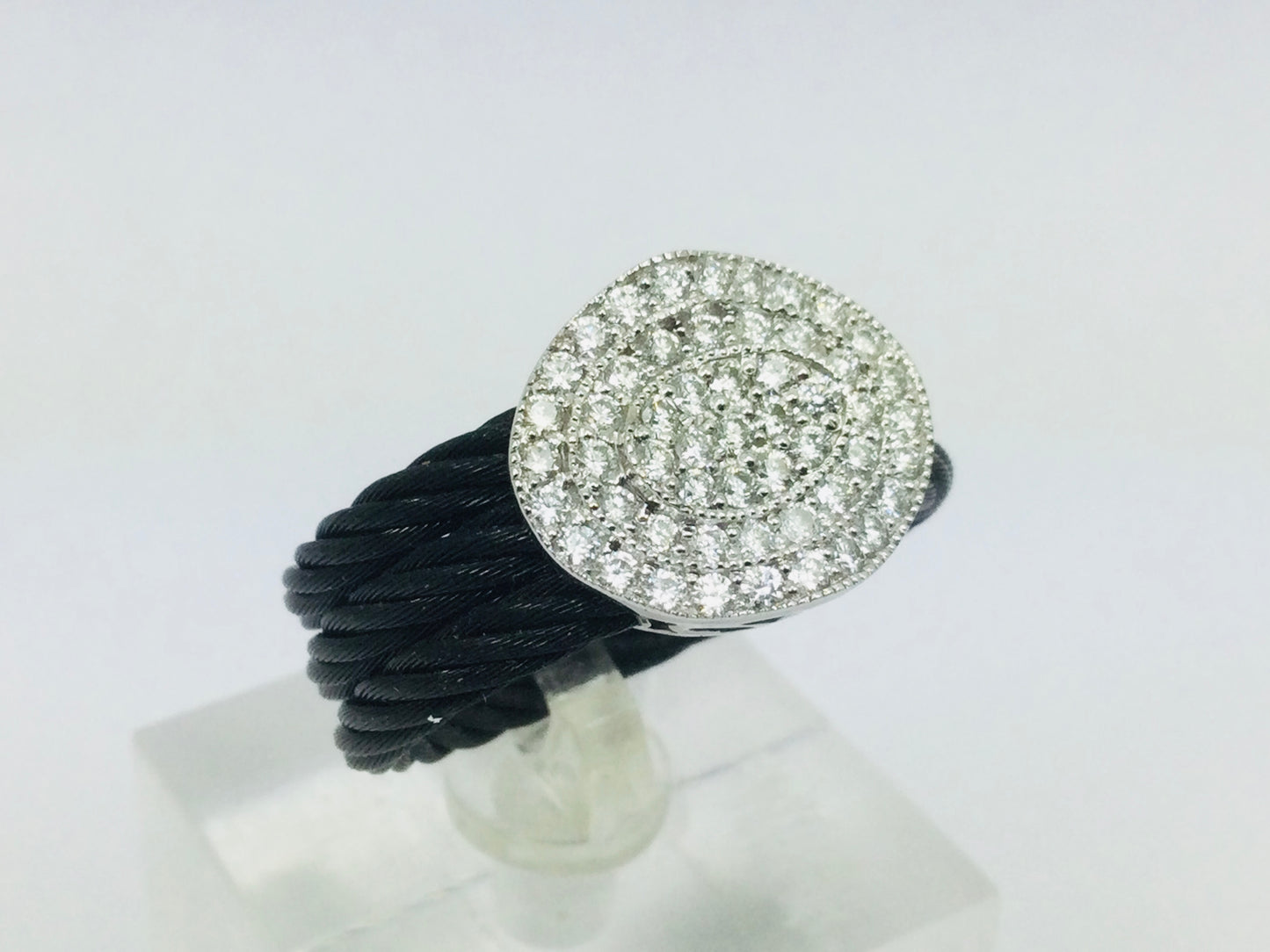 Charriol 18k White Gold Round Cut 53pt Diamond Cluster and Black Cable Stainless Steel Ring