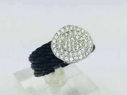 Charriol 18k White Gold Round Cut 53pt Diamond Cluster and Black Cable Stainless Steel Ring