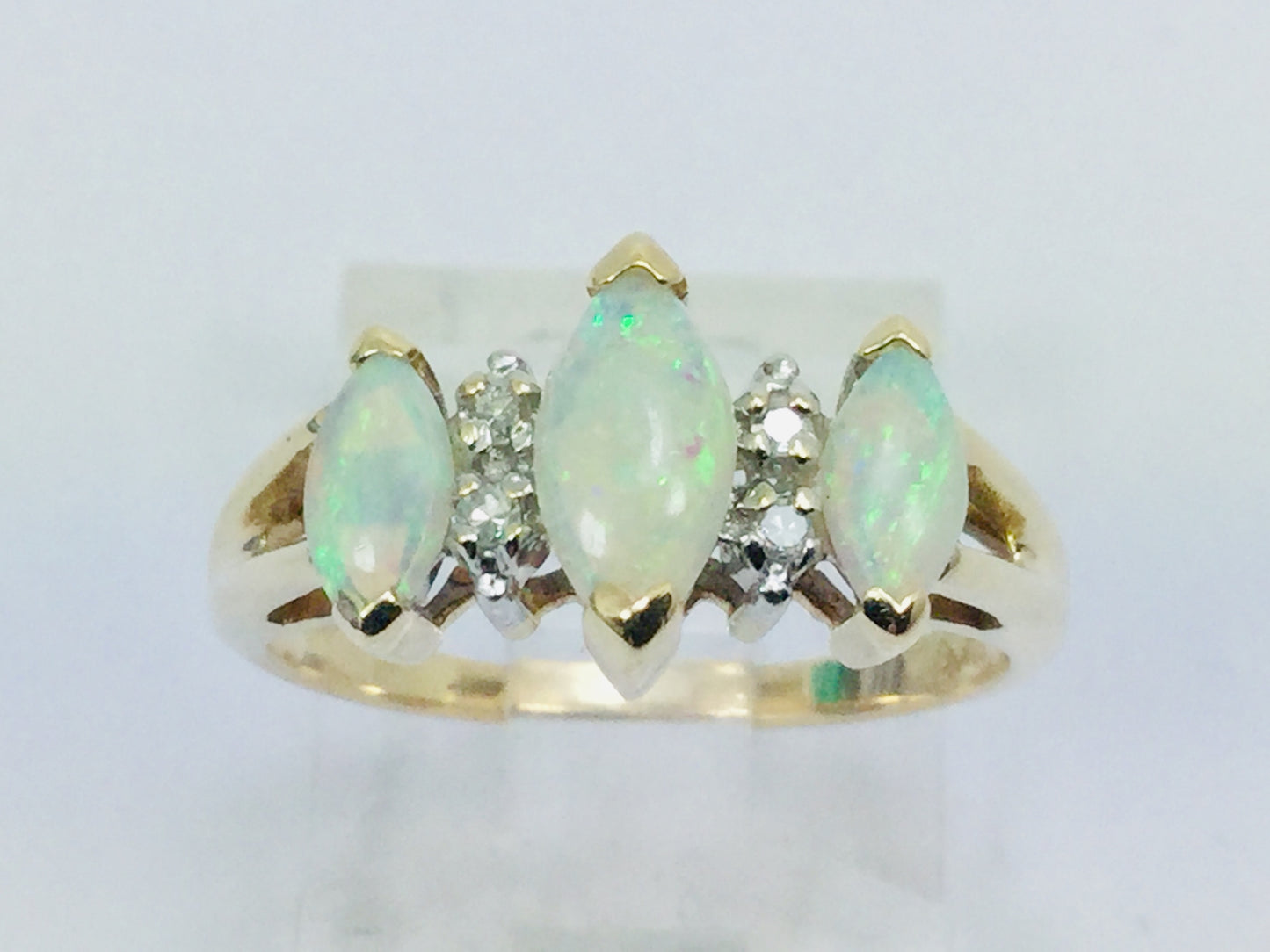 10k Yellow Gold Marquise Cut Green Opal October Birthstone & Diamond Ring