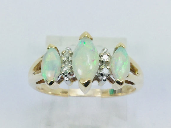 10k Yellow Gold Marquise Cut Green Opal October Birthstone & Diamond Ring