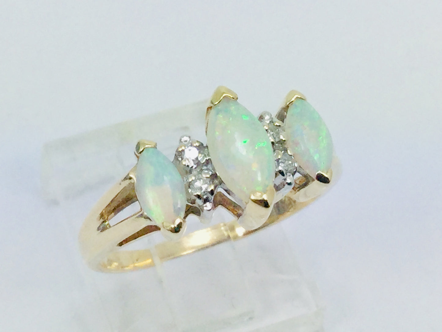 10k Yellow Gold Marquise Cut Green Opal October Birthstone & Diamond Ring