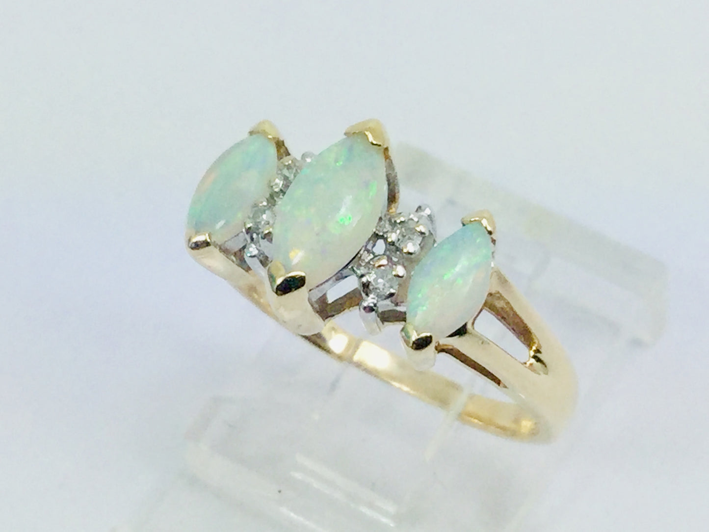 10k Yellow Gold Marquise Cut Green Opal October Birthstone & Diamond Ring