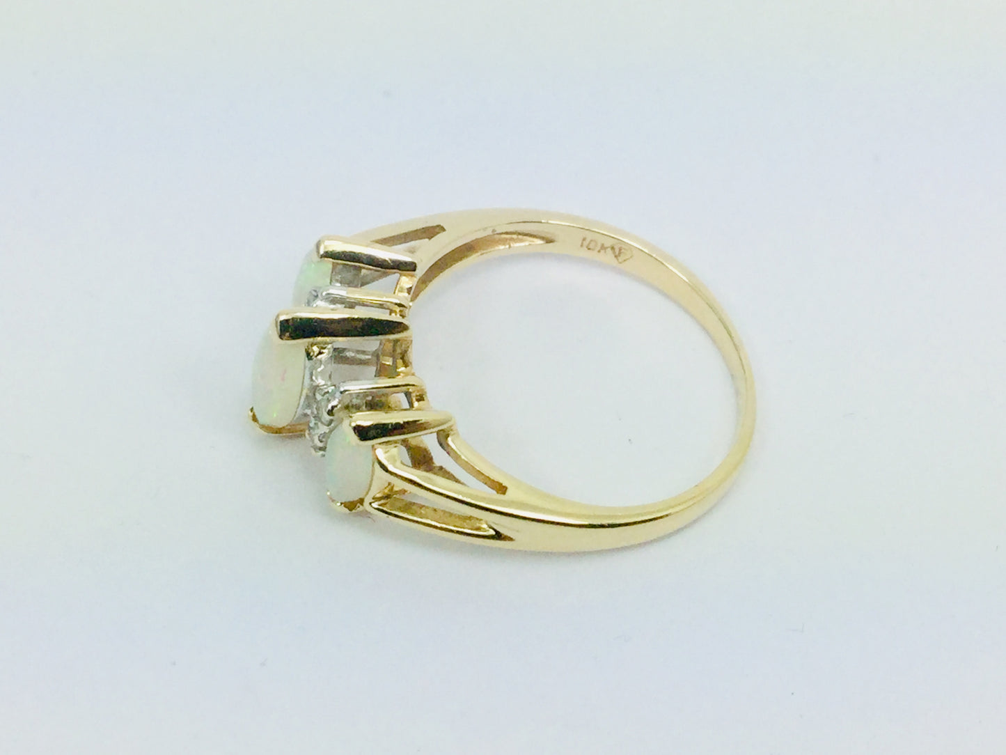 10k Yellow Gold Marquise Cut Green Opal October Birthstone & Diamond Ring