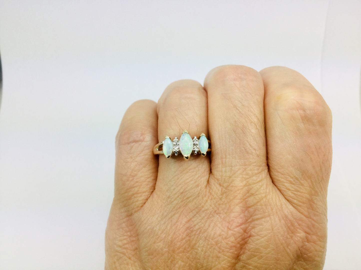 10k Yellow Gold Marquise Cut Green Opal October Birthstone & Diamond Ring