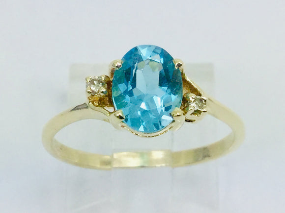 14k Yellow Gold Oval Cut Blue Topaz December Birthstone & Diamond Ring